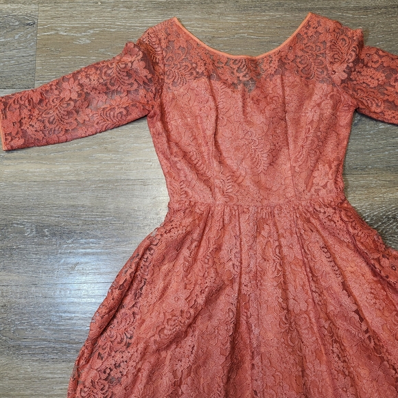 Vintage 70s Coral Lace Long Sleeve Dress Elegant Rare - Picture 6 of 8